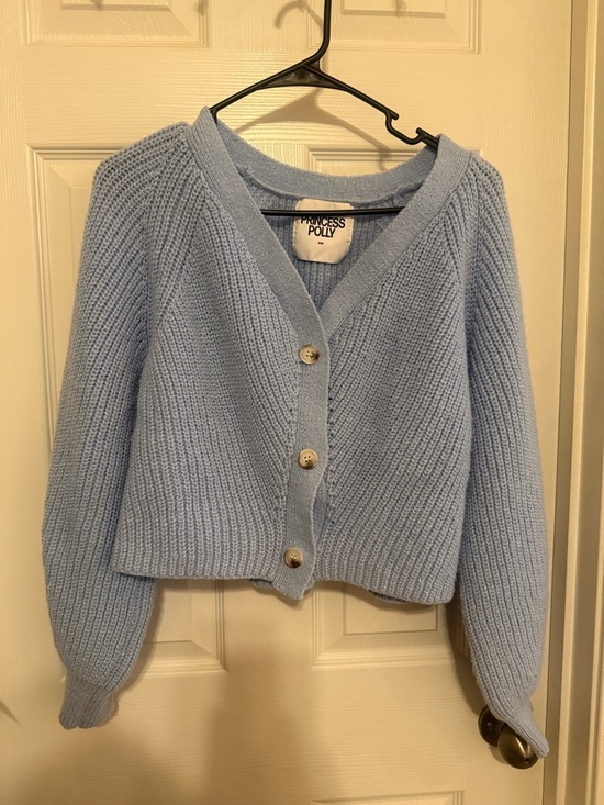Princess Polly Sweaters - Princess Polly Light Blue Cropped V-Neck Button Cardigan Sweater